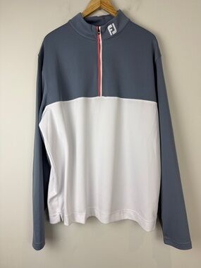 FootJoy Men’s Gray and White Quarter-Zip Colorblock Sweater with Red Trim